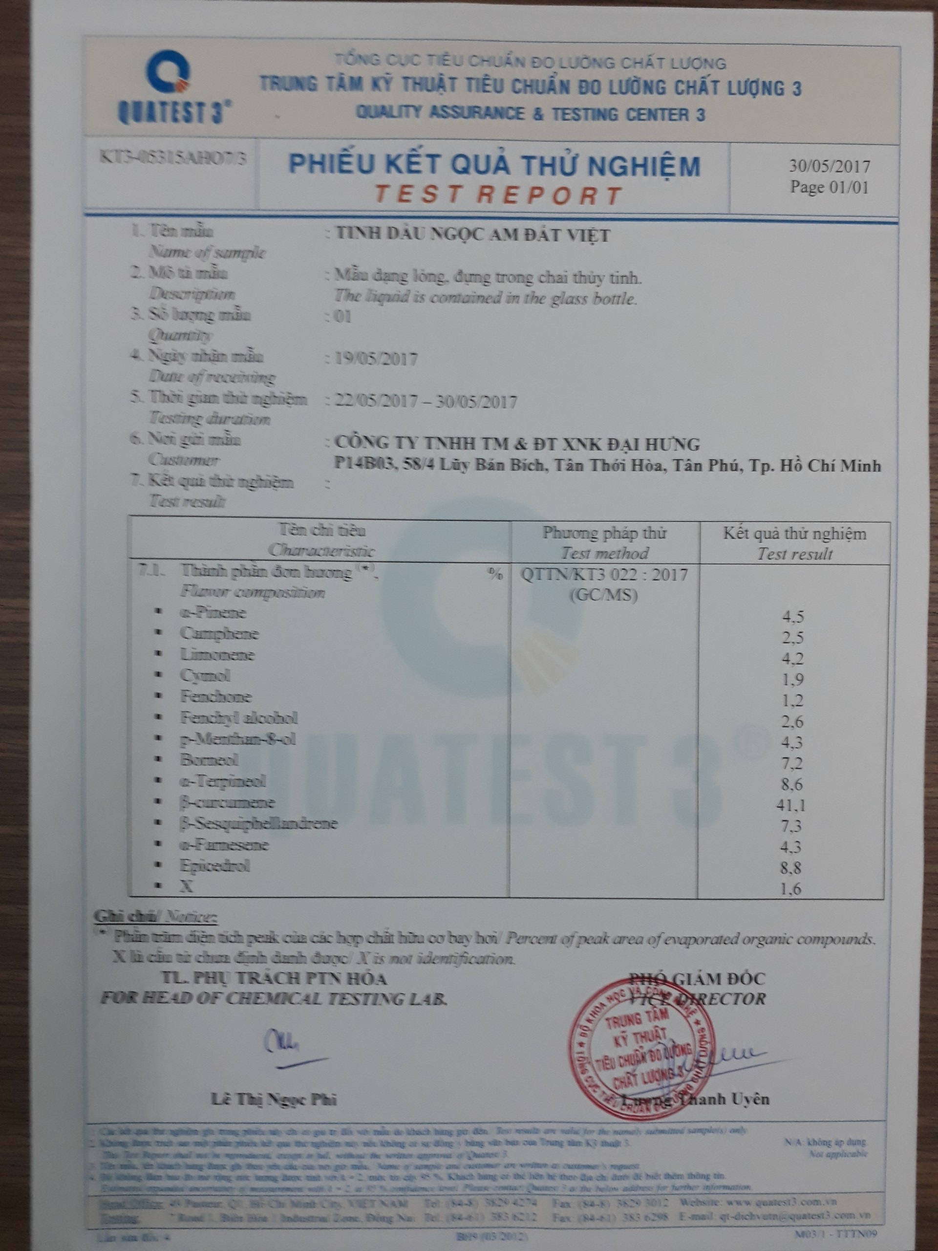 Phiếu kết quả thử nghiệm sản phẩm tinh dầu ngọc am đất việt