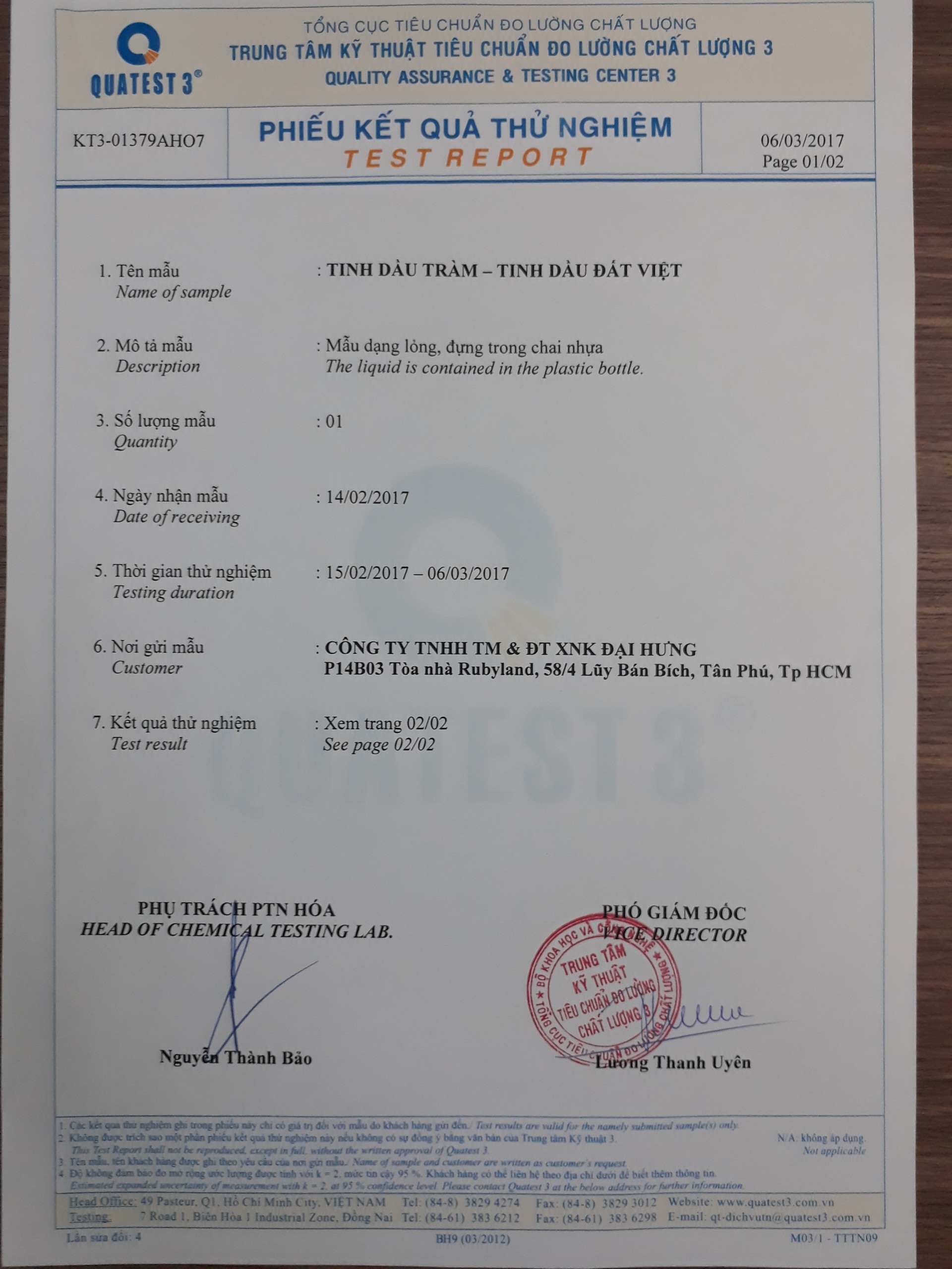 Phiếu kết quả thử nghiệm sản phẩm tinh dầu tràm đất việt - Ảnh 1